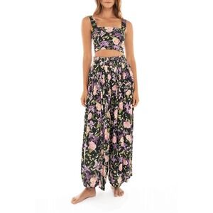 Agua Bendita Hanne Wide Leg Pants SZ M Black Floral Boho Palazzo Beach Vacation